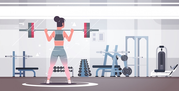 Vector sporty girl lifting weights doing squats with barbell woman