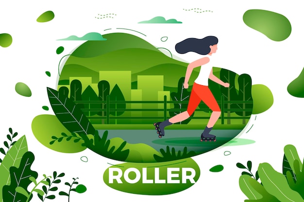 Sporty girl roller skating. city, park, trees, hills on background. banner, site, poster template