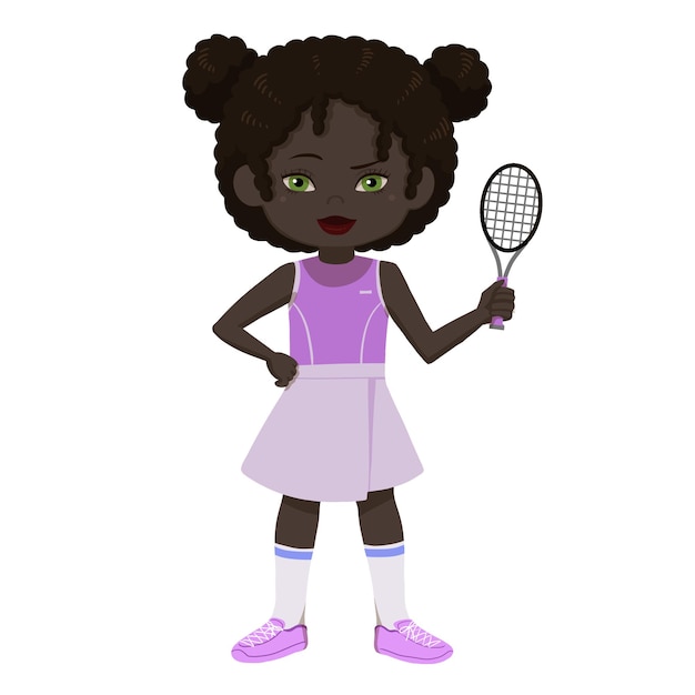 Sporty Little African American Girl in Uniform with Tennis Racquet