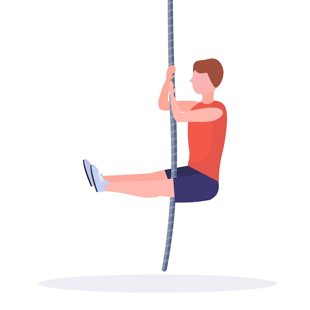 Sporty man doing rope climbing exercise guy training in gym cardio crossfit workout healthy lifestyle concept  white background full length