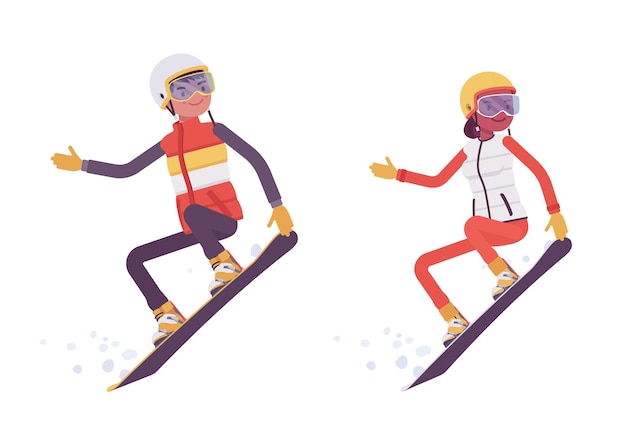 Sporty man and woman snowboarding, enjoy winter outdoor\
activities on ski resort, active holiday, wintertime tourism and\
recreation