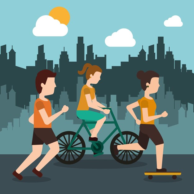 Vector sporty people athletic with city background