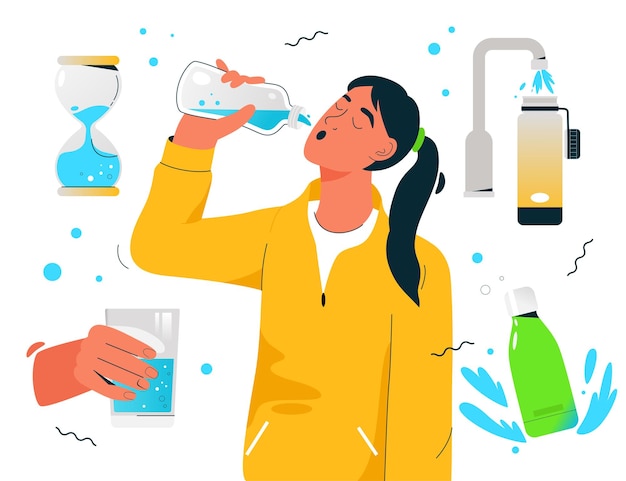 Vector sporty thirsty woman drinks clean water