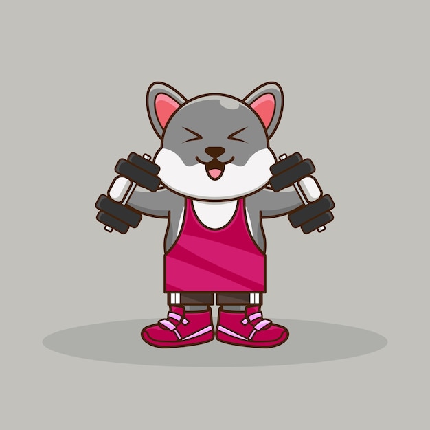 Vector sporty wolf in red uniform a cartoon illustration lifting barbell