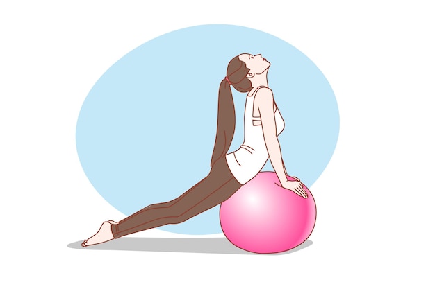 Vettore donna sportiva che si esercita con la palla fitness. illustrazione vettoriale.