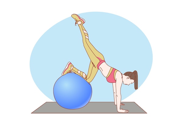 Vector sporty woman exercising with fitness ball. vector illustration.