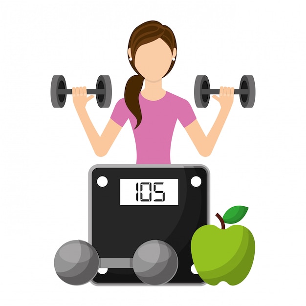sporty woman lifting a heavy weight barbell with fruit and weight scale