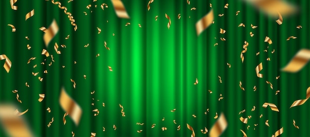 Spotlight on green curtain background and falling golden confetti