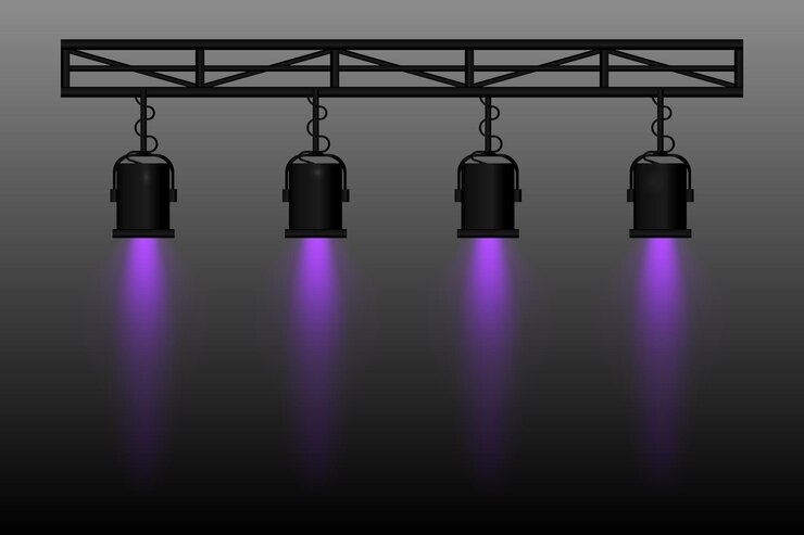 Vector spotlight set four stage lights purple beams hanging from a truss structure professional lighting equipment for theater concerts shows and events focused illumination performance settings