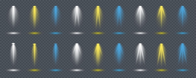 스포트라이트는 무대 장면 연단에서 빛납니다. 스포트라이트가 있는 밝은 조명 밝은 조명