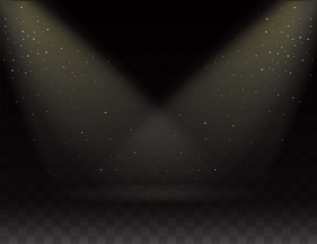 Spotlights scene, two rays of light on transparent background. bright light effect on empty stage.