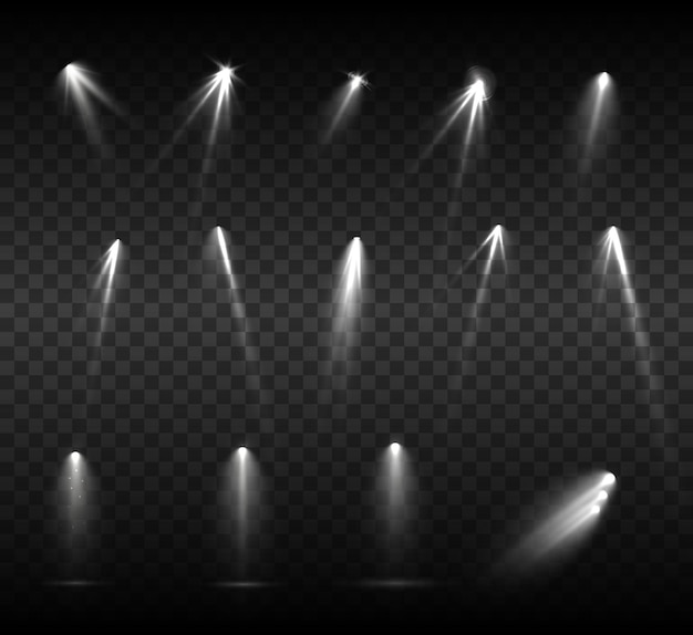 Spotlights set isolated on transparent background Vector glowing light effect with golden rays an