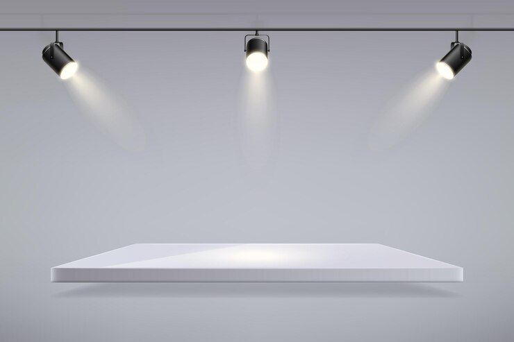 Vector spotlights wit platform leegte ruimte voor productpresentatie showroom muur met podium 3d spotlights voor highlight plaats projector verlichting vector realistische achtergrond