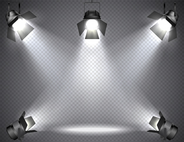 Vector spotlights with bright lights on transparent