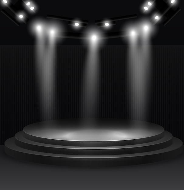 Vector spotlights with stage scene with lights and beams round podium and light rays