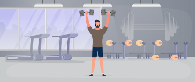 Spotsman with a barbell in the gym. a man lifts a dumbbell. the concept of sport and healthy lifestyle. vector.