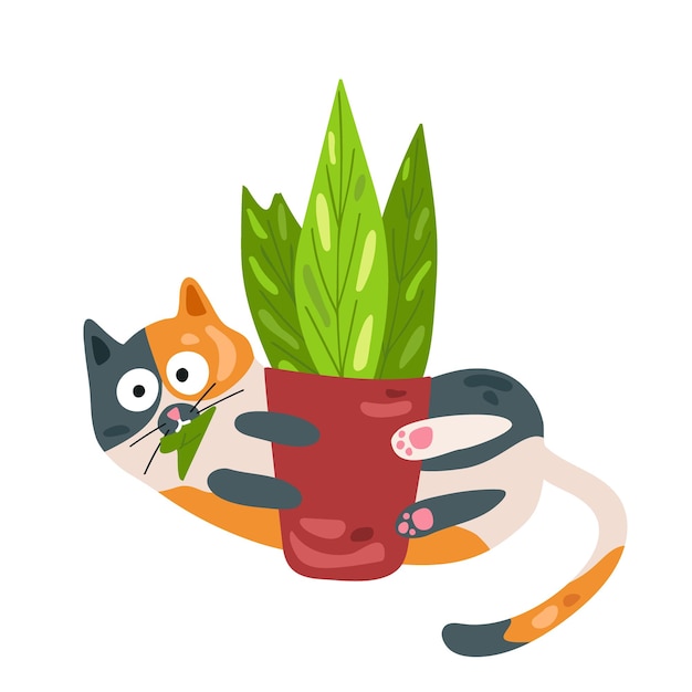 The spotted cat has bitten off a leaf of a flower and is playing around Prankster cat Vector illustration