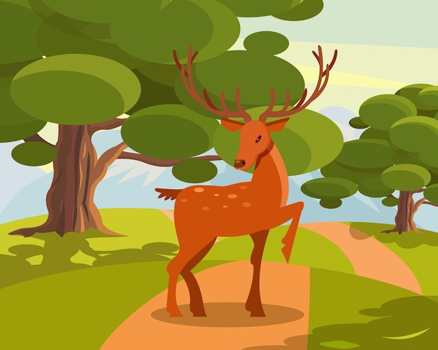 Пятнистый олень с разветвленными рогами дикого животного на фоне зеленого луга и лесного вектора иллюстрация в мультяшном стиле
