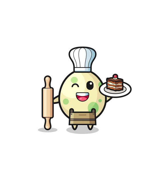 Spotted egg as pastry chef mascot hold rolling pin cute design