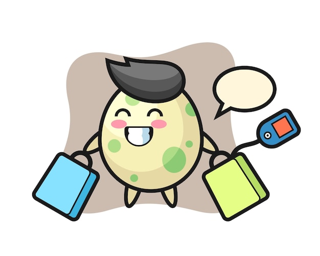 Spotted egg mascot cartoon holding a shopping bag