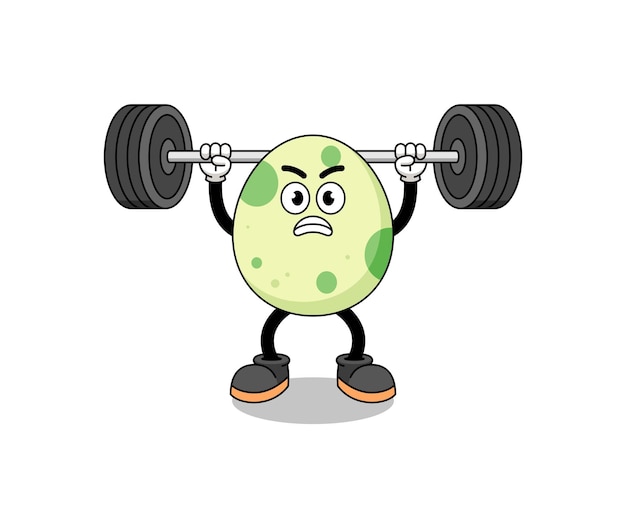 Spotted egg mascot cartoon lifting a barbell