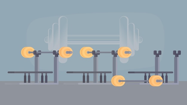 Пятнистый тренажерный зал с тренажерами. понятие спорта и здорового образа жизни. вектор.