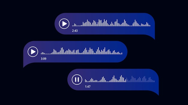 Vector spraakberichten. bubbels met audio-opname. chat messenger ui-concept. tekstballonnen met een donker thema