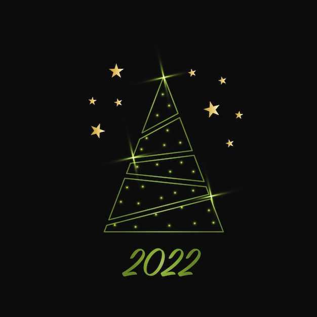 Sprankelende kerstboom met glanzend stof. groen metalen overzicht pictogram op een donkere achtergrond. prettige kerstdagen en gelukkig nieuwjaar 2022. vectorillustratie.