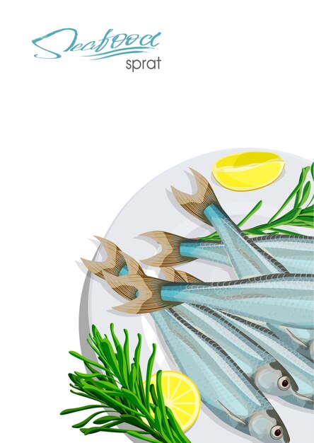 벡터 sprat 스케치 물고기 아이콘 격리 된 해양 대서양 sprats 로즈마리와 레몬 접시에