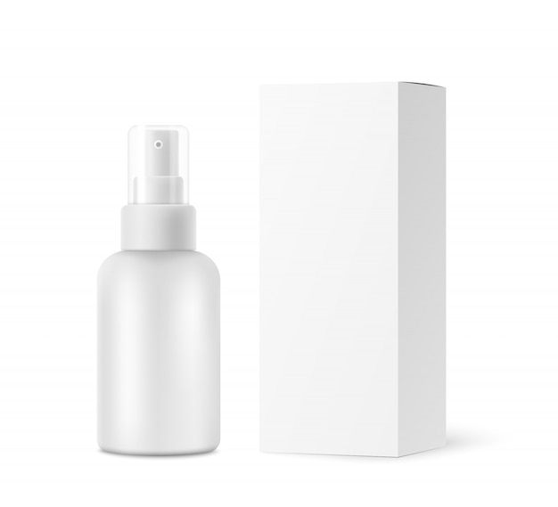 Flacone spray con tappo trasparente, scatola di cartone mockup isolato su bianco