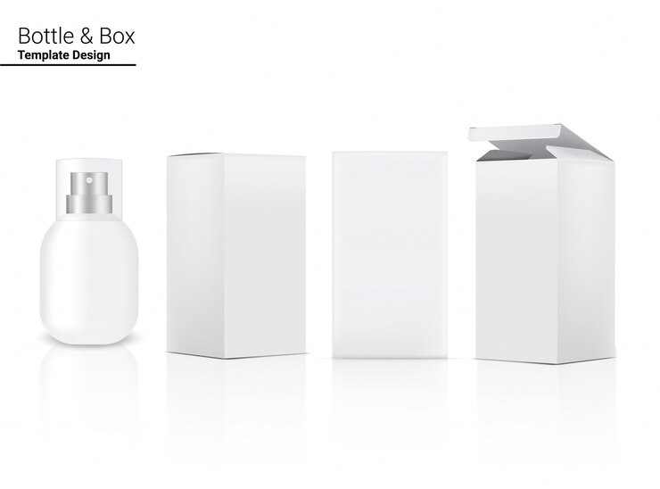 Spray fles realistische cosmetische en doos voor huidverzorging product of geneeskunde op witte achtergrond afbeelding. Gezondheidszorg en medische conceptontwerp.