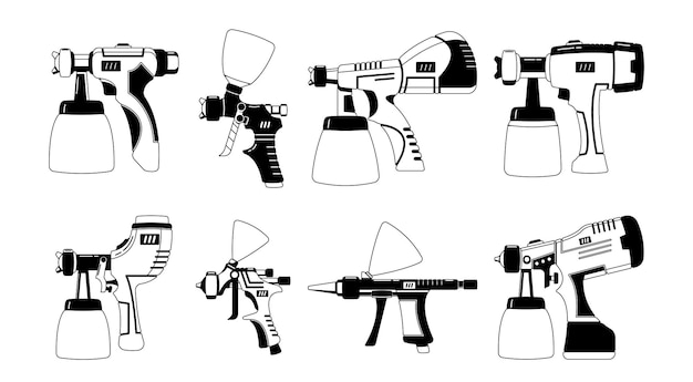 Spray Guns Black and White Icons Handheld Tools That Use Compressed Air To Spray Paint Coatings Or Liquids Onto Surfaces Providing An Even And Smooth Finish Cartoon Vector Illustration