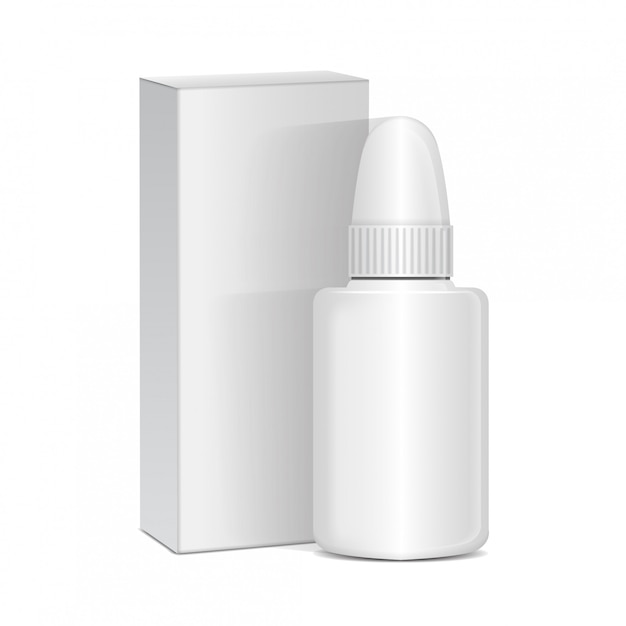 Spray neus- of oogantiseptica. Witte Plastic Fles Met Doos. Verkoudheid, allergieën. Realistisch