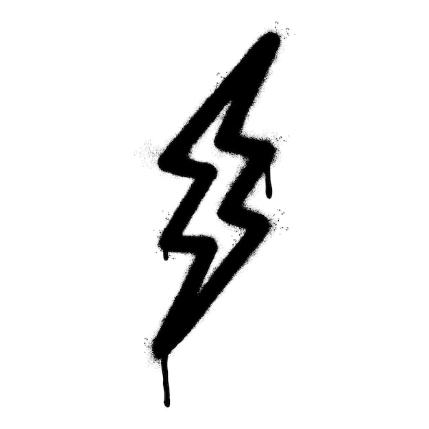 Окрашенный спреем граффити символ электрической молнии Распыленный изолированный на белом фоне граффити значок электрической молнии с чрезмерным распылением черным по белому