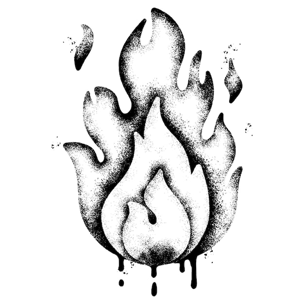 Spray painted graffiti vuurvlam icoon gespoten geïsoleerd met een witte achtergrond graffiti brandvlam ikoon met over spray in zwart over