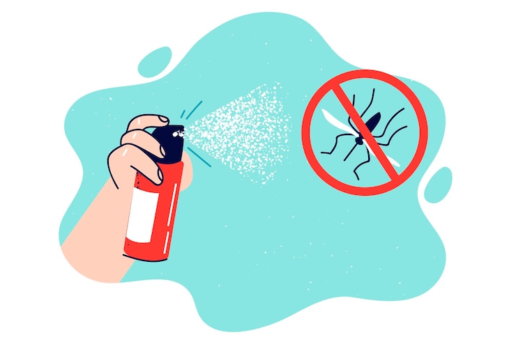 Vector spray for protection against mosquitoes in hand near crossed out insect dying from insecticide