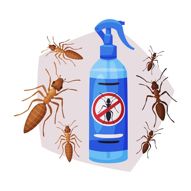 Vector sprayer bottle of ant and termite insecticide pest control service detecting and exterminating insects vector illustration