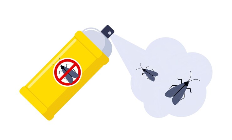 Vector spraying insecticide on moth pest control aerosol for bug bite prevention vector illustration