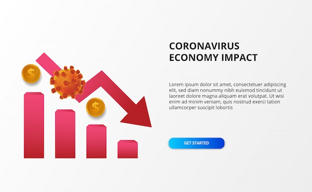 コロナウイルスの経済への影響を拡大します。経済のダウンと秋。株式市場と世界経済に打撃を与える。 3 Dウイルスと赤の弱気矢印の概念とグラフ