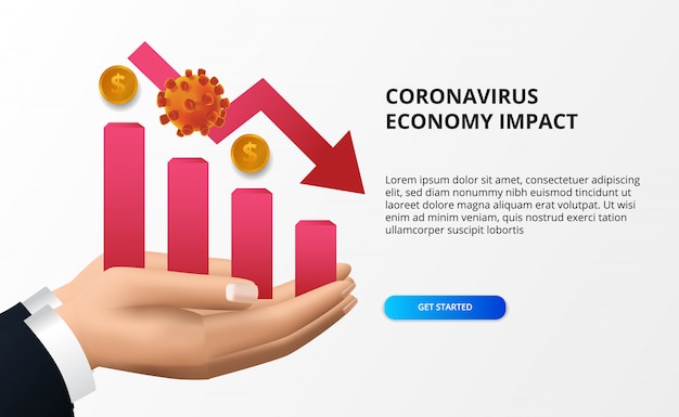 コロナウイルスの経済への影響を拡大します。経済のダウンと秋。株式市場と世界経済に打撃を与える。赤いグラフと赤の弱気の矢印の概念