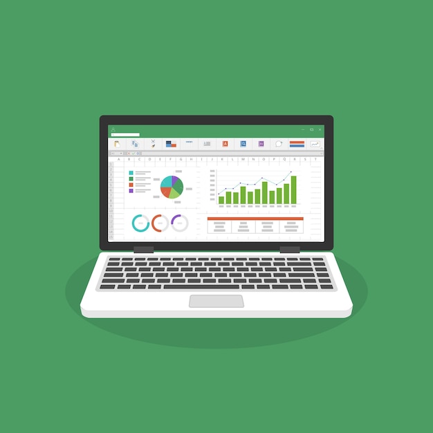 ラップトップ画面のスプレッドシートフラットアイコン財務会計レポートのコンセプト計画と会計分析のためのオフィスのもの監査プロジェクト管理マーケティング研究ベクトル図