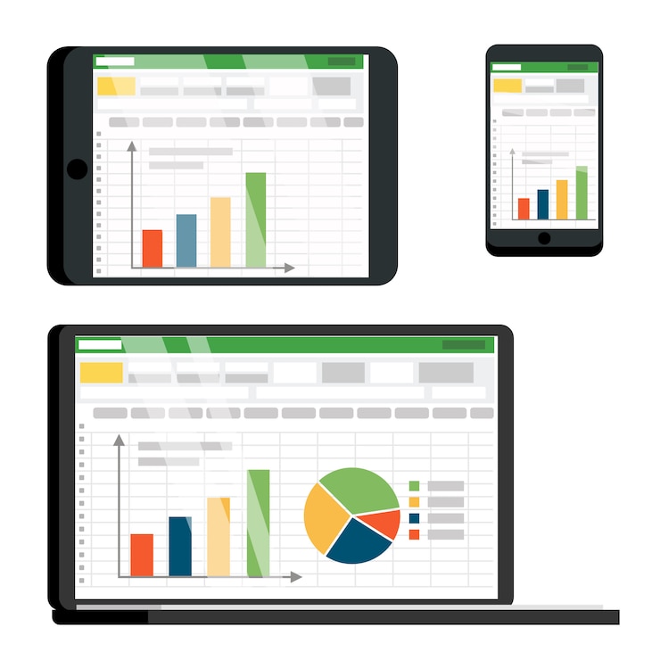 Vector spreadsheet-tabel op tablet, smartphone scherm set