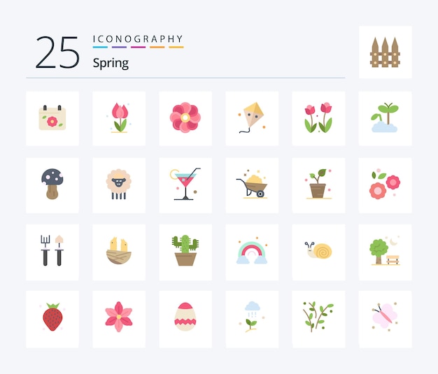 Vector spring 25 flat color icon pack including flora kite rose easter spring