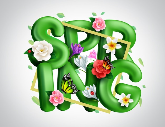 Spring 3d vector concept design Spring typography text in white background with leaves flowers