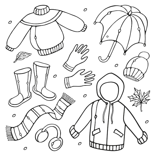 Spring Autumn Clothes Outline Doodle Set Premium Vector