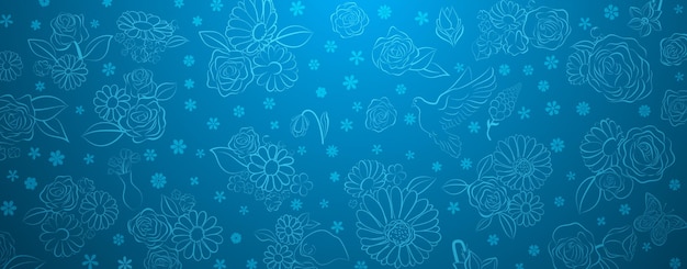 Spring background in blue colors made of various flowers birds and butterflies