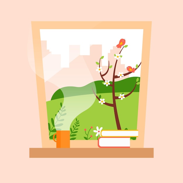 Spring background picture with a mug of tea, books on the windowsill. Vector illustration.