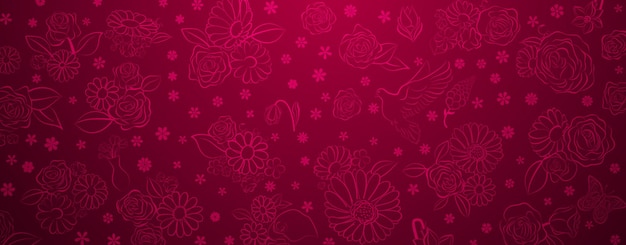 Spring background in red colors made of various flowers birds and butterflies