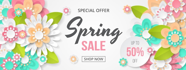 Spring background with beautiful colorful flower paper cut style