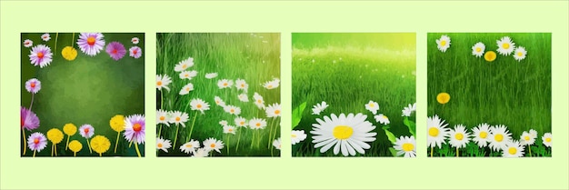 Vector spring background with chamomile flowers green grass blue sky can be used for easter seasonal sales